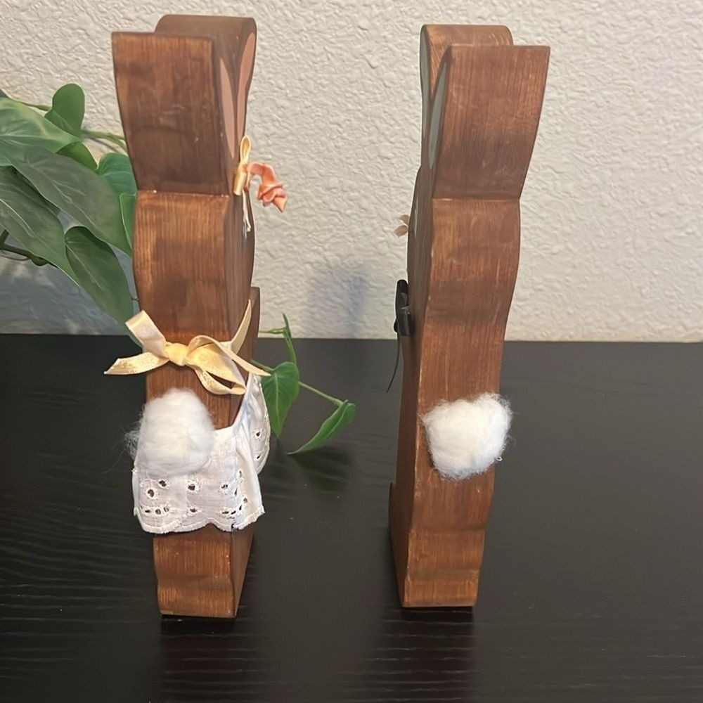 Vintage Handmade Wood Easter Bunny Rabbit Couple Folk Art Spring Decor Set of 2 - Picture 4 of 6